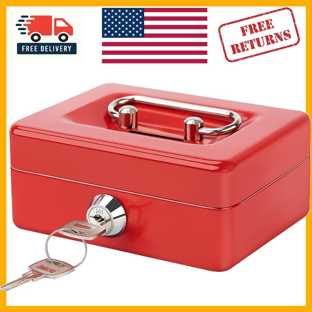 Freestanding Small Cash Box with Lock – Chic Red Metal Piggy Bank for Valuables
