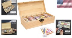 Wooden Cash Tray with Lockable Cover, 5 Compartments