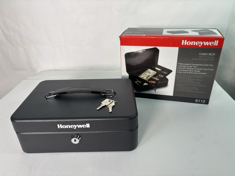 Honeywell 6112 Steel Cash Box 1 Bill & 5 Coin Slots 2 Keys Handle 9.8″ X 7.3″