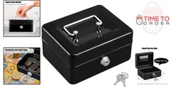 Small Metal Cash Box with Key Lock Portable Handle Water Resistant Black