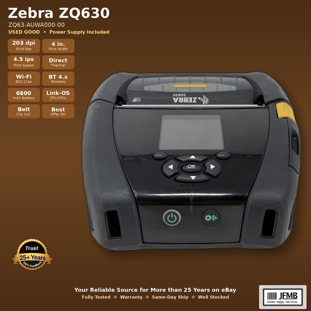 Zebra ZQ630 ZQ63-AUWA000-00 Mobile Printer 4in WiFi BT w/ Power Supply Used