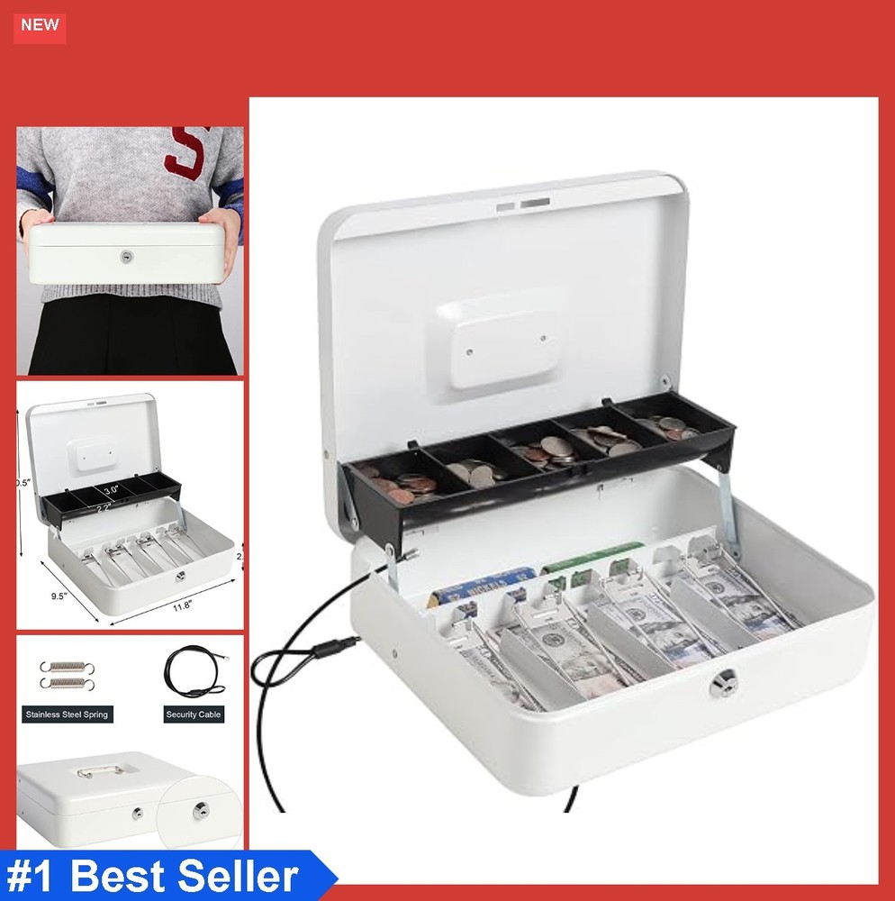 Cash Box with Key Lock 11.8×9.5×3.5 Inches Durable Metal Lock Box for Money