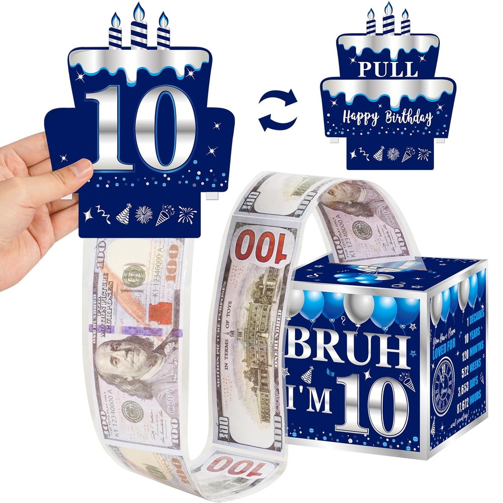 10th Birthday Decorations PullOut Money Gift Box Cash Blue Silver Fun Card