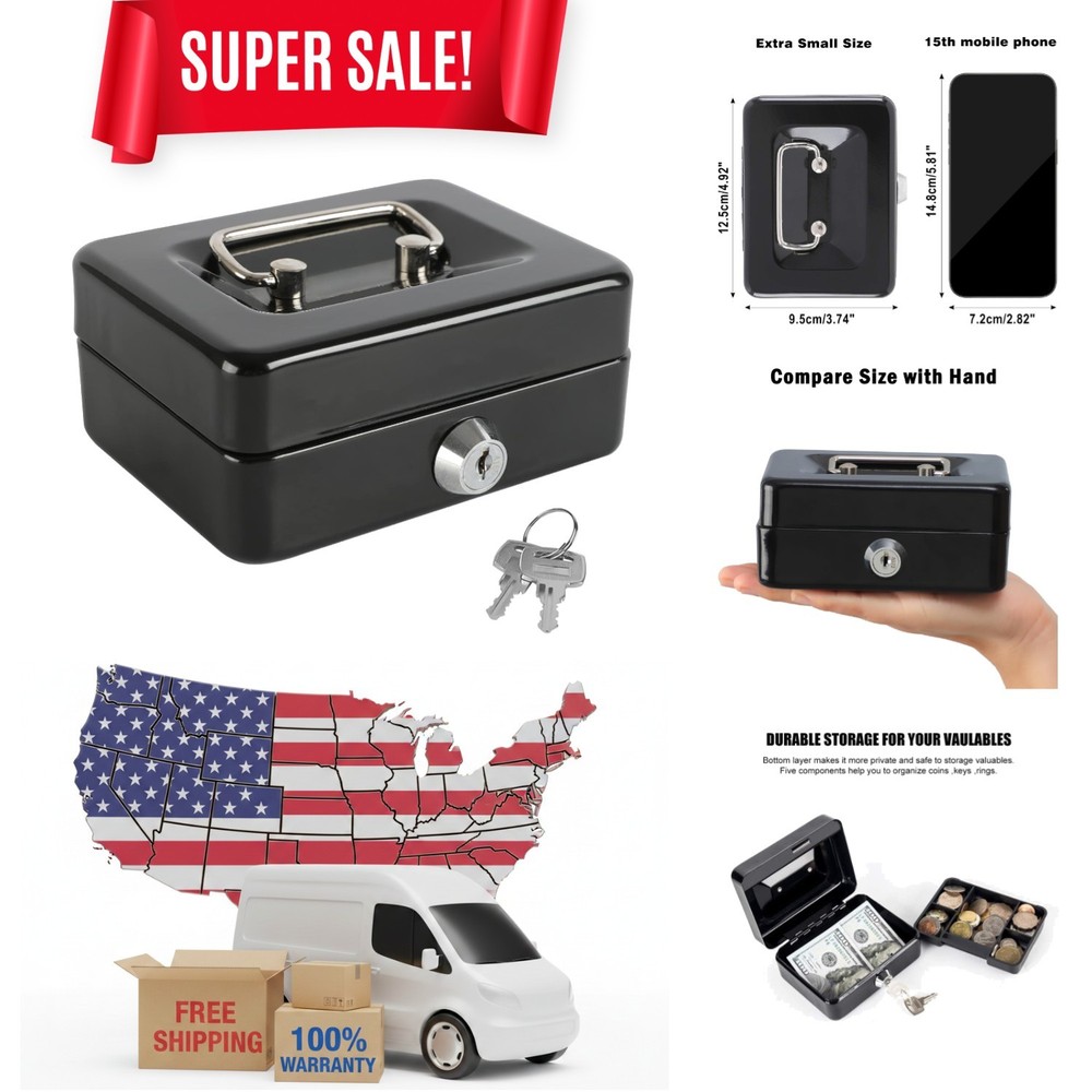 Compact Black Locking Cash Box with Durable Key Lock & Coin Tray, 4.92″x3.74″