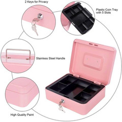 Pink Cash Box with Money Tray and Lock, Metal Money Box for Cash, Lock Box for M