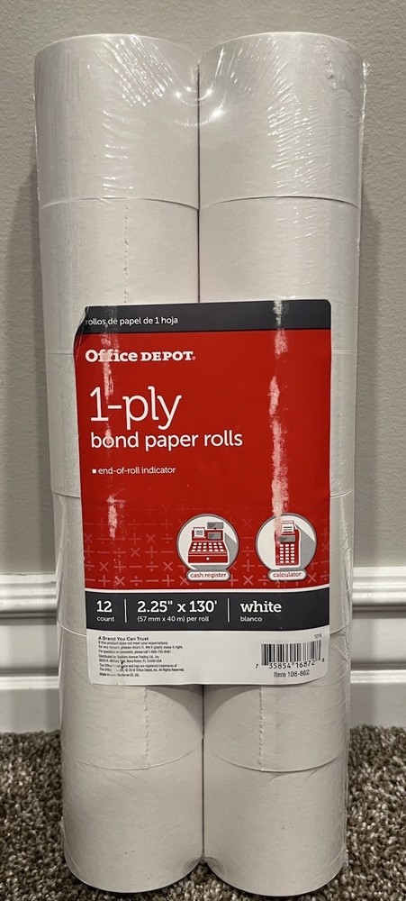 Office Depot Bond Paper Rolls 1 Ply 12 Count 2.25 X 130′ New