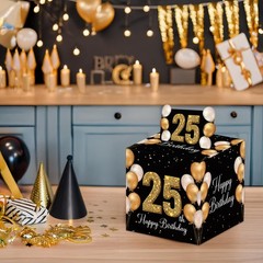 25th Birthday Money Box Cash Pull Black Gold 50 PCS Transparent Bags Card