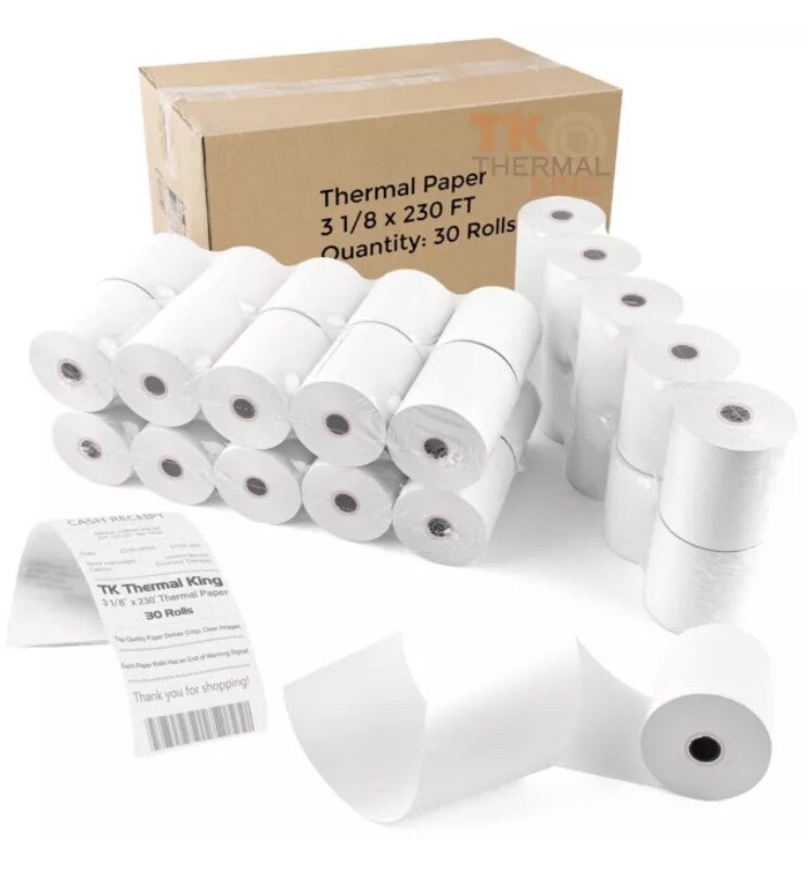 TK Thermal King 30 Rolls 3 1/8″ 230′ feet White Thermal Paper Cash Register P…