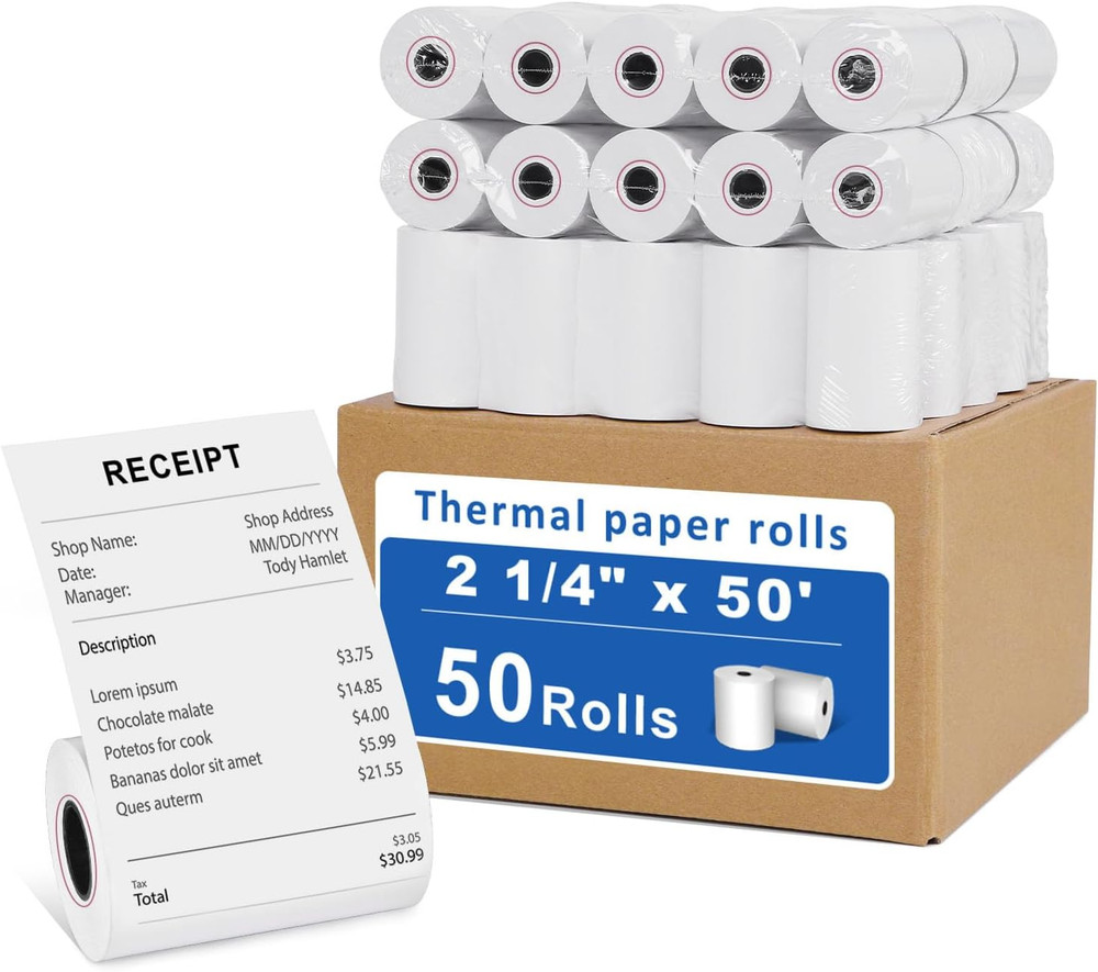 50 Rolls- 2 1/4 X 50 Thermal Receipt Paper Rolls- Fits All Pos Cash Registers, F