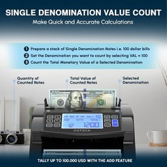 DETECK DT200 Money Counter Machine with Value Count Large 4” LCD Display Black