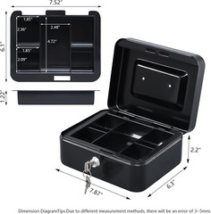 Medium Cash Box with Money Tray,Small Safe with Key,7.87″X 6.30″X 3.54″ Black