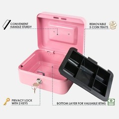 Locking Steel Medium Cash Box Removable Coin Tray Key Lock 7.87×6.3×3.54 Pink