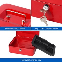 Small Metal Cash Box Money Tray Key Lock 7.87×6.3×3.54 Inch Safe Lockbox Red
