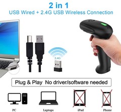 USB Wireless Barcode Scanner Stand 2in1 2.4Ghz 2.0 Wired 1D Reader Scanner