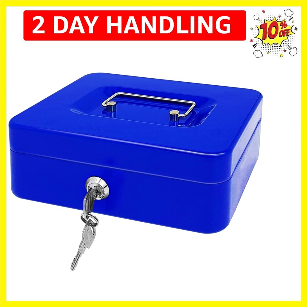 Steel Cash Box with Key Lock, Metal Small Money Organizer with Money Tray,Cas…
