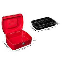 Cash Box 8 Compartment Red 205x160x90mm Key Lock Dividers Coins Portable
