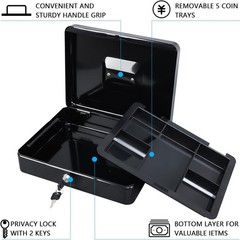 Secure Portable Black Metal Cash Box with Key Lock – 11.81×9.45×3.54 Size