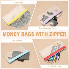8.7×3.9 Inch Money Bags with Zipper, 4 Pcs Clear PVC Cash Pouch, Multicolor