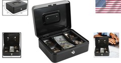 Portable Locking Steel Cash Box with Coin Tray & Key Control, 9.84×7.87in, Black