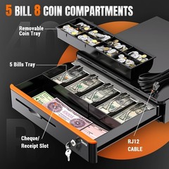 16 Inch Auto Open Cash Drawer with Heavy Duty Insert Tray 5 Bill 8 Coin for POS