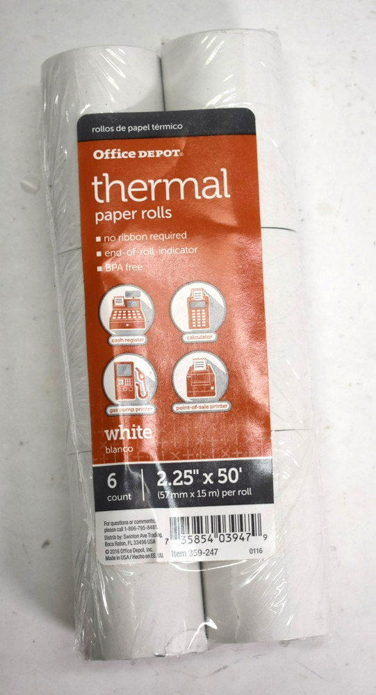 Pack of 6 Office Depot 359-247 White BPA Free Thermal Paper Rolls 2.25″ X 50′