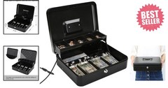 Fire-Resistant Large Cash Box with Security Cable & Five Compartments, Black