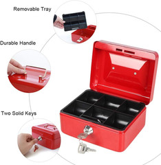 Cash Box with Money Tray, Small Money Box with Key Lock, 6″ X 4 4/5″ X 3″, Red