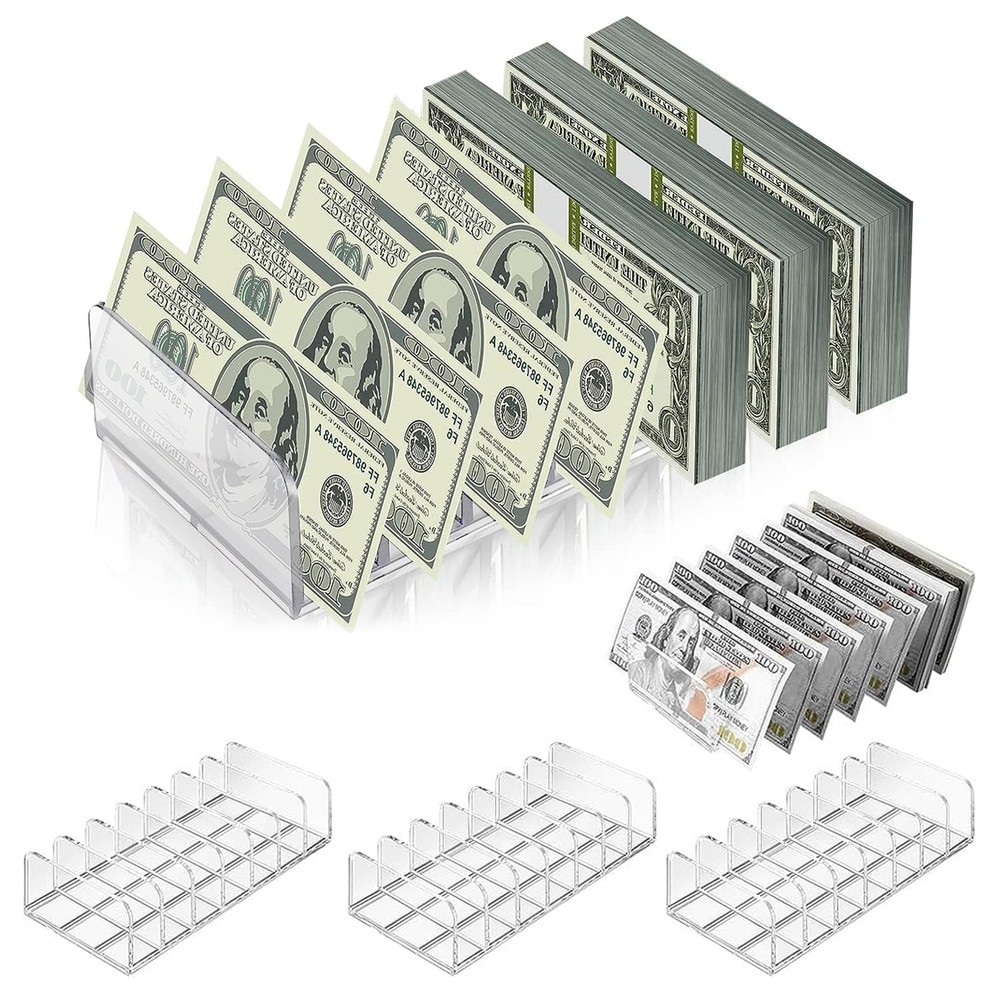 4 Pack Acrylic Money Organizer Cash Trays 7 Sections Clear Dividers Desk Orga…