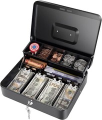 Locking Cash Box W/ Key, Money Tray, 11.8×9.45×3.54″ Metal Safe for Cash & Coins