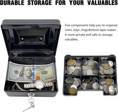 Steel Cash Box with Key Lock, Metal Small Money Organizer with Money Tray,Cash S