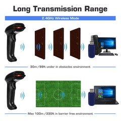 Wireless Barcode Scanner 2.4G 1D Handheld Cordless Reader 100ft Range Black