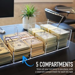 Clear Currency Tray, 5 Compartment Cash Organizer Money Storage Box, 300 Curr…