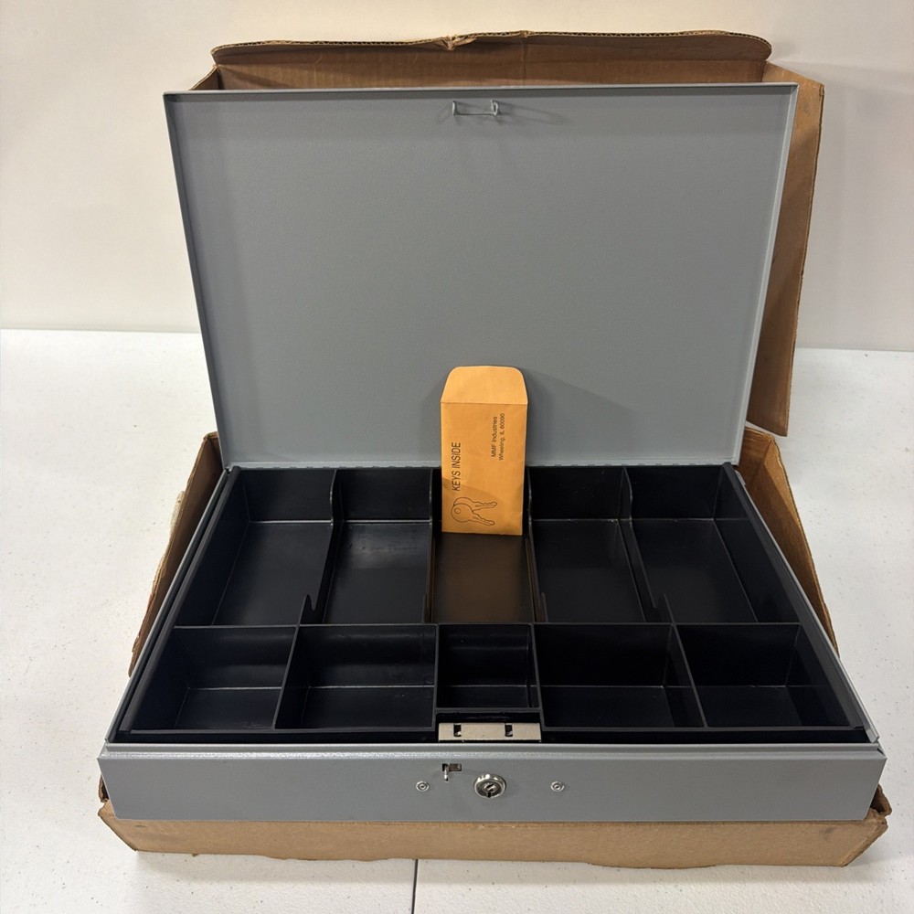 MMF INDUSTRIES HEAVY GAUGE STEEL CASH BOX & TRAY GRAY SUPER –