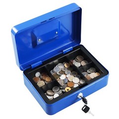 Cash Box with Key Lock Blue Steel Removable Coin Tray 9.84×7.87×3.54 Inch
