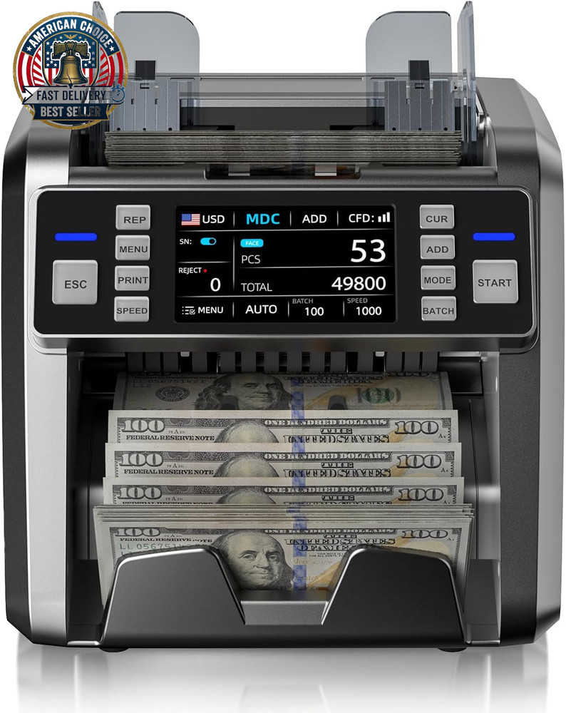 Mixed Denomination Money Counter with Counterfeit Detection, Touch Screen, and 2