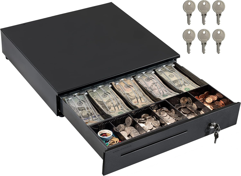 POS Cash Drawer, 5 Bill 6 Coin, RJ11/RJ12, Key Lock, Media Slot, Black
