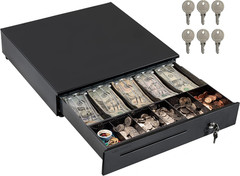POS Cash Drawer, 5 Bill 6 Coin, RJ11/RJ12, Key Lock, Media Slot, Black