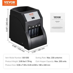 VEVOR USD Coin Sorter Coin Counter Wrapper and Roller 230 Coins/min 4 Coin Tubes