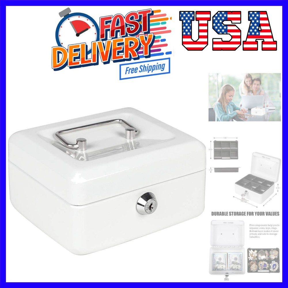 Cash Box with Money Tray, Small Money Box with Key Lock, 6″ x 4 4/5″ x 3″, White