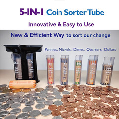 Coin Sorter Tube Coin Counter with Coin Wrappers, 5-IN-1 Change Sorter Change C