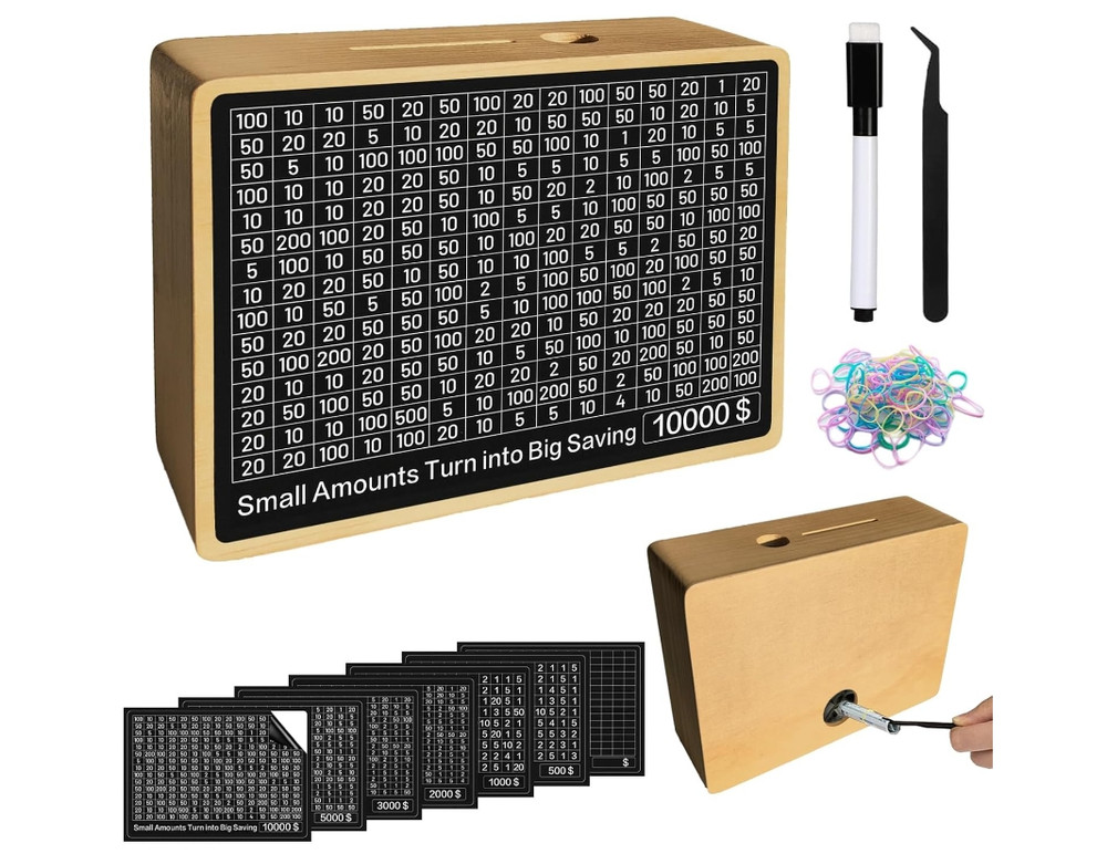Money Saving Challenge Box Cash Vault Wooden Savings Box Cash Saver $500 $10000