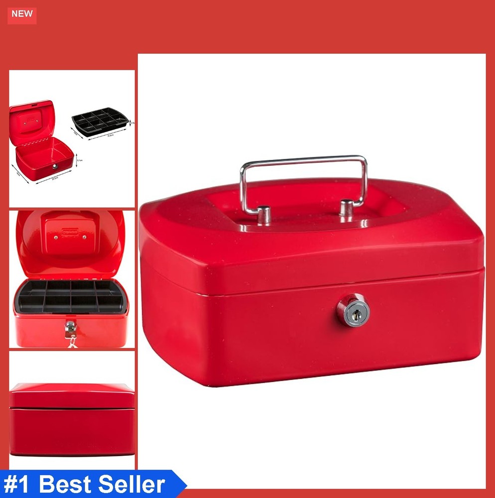 Cash Box 8 Compartment Red 205x160x90mm Key Lock Dividers Coins Portable