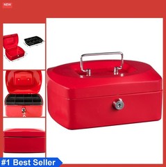 Cash Box 8 Compartment Red 205x160x90mm Key Lock Dividers Coins Portable