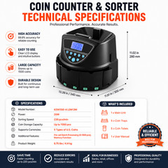 Coin Counter Machine, Automatic Coin Sorter, 220 Coins/Min, 1500 Coin Capacity