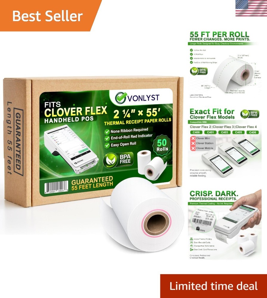 Clover Flex Paper Rolls 2 1/4″ x 55’ Thermal Receipt Paper – 50 Rolls Pack – …