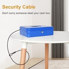 Locking Cash Box with Money Tray Blue Metal Key Lock Security Cable 11.8×9.5×3.5