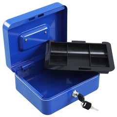 Locking Steel Medium Cash Box with Removable Coin Tray Key Lock Blue Color