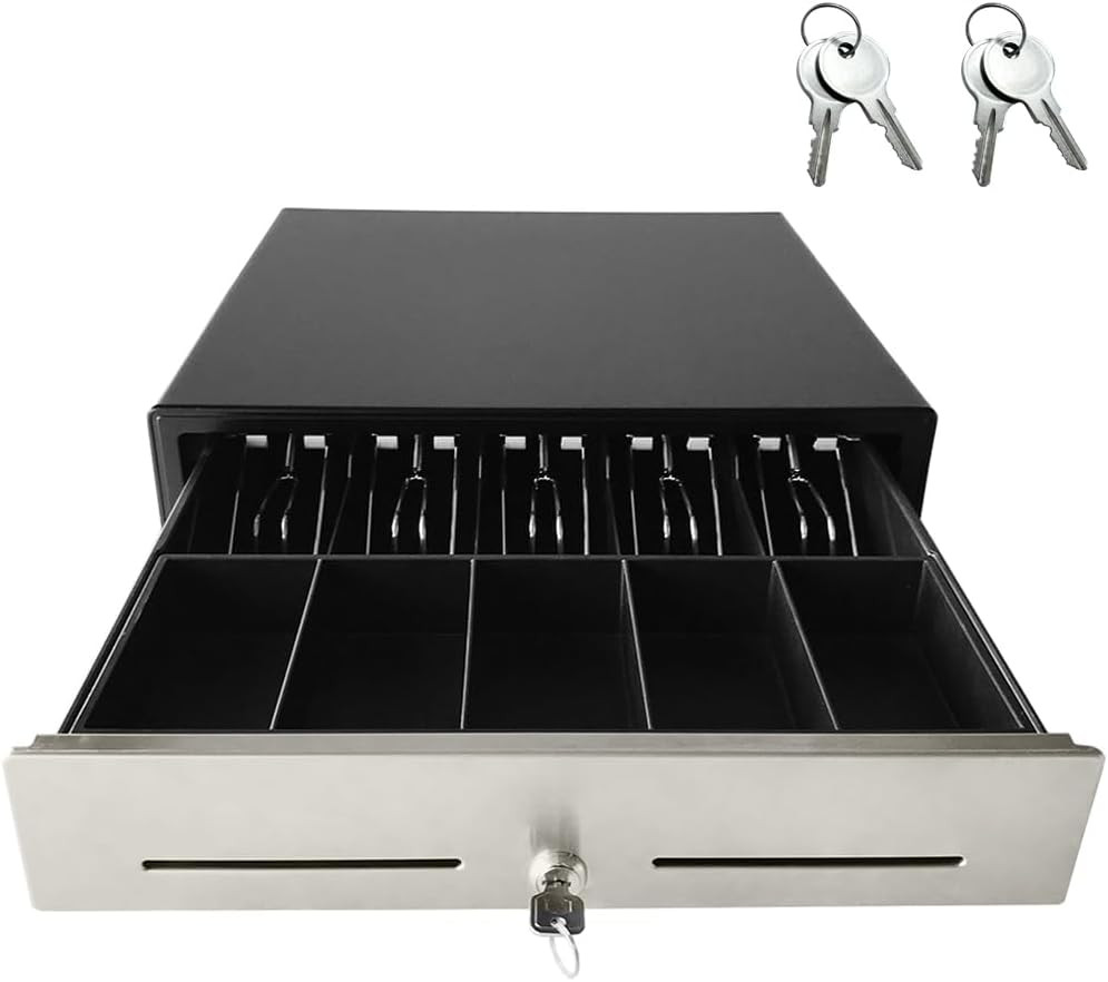 16″ Cash Drawer for Small Business – Stainless Steel Front Panel, Removable Cash