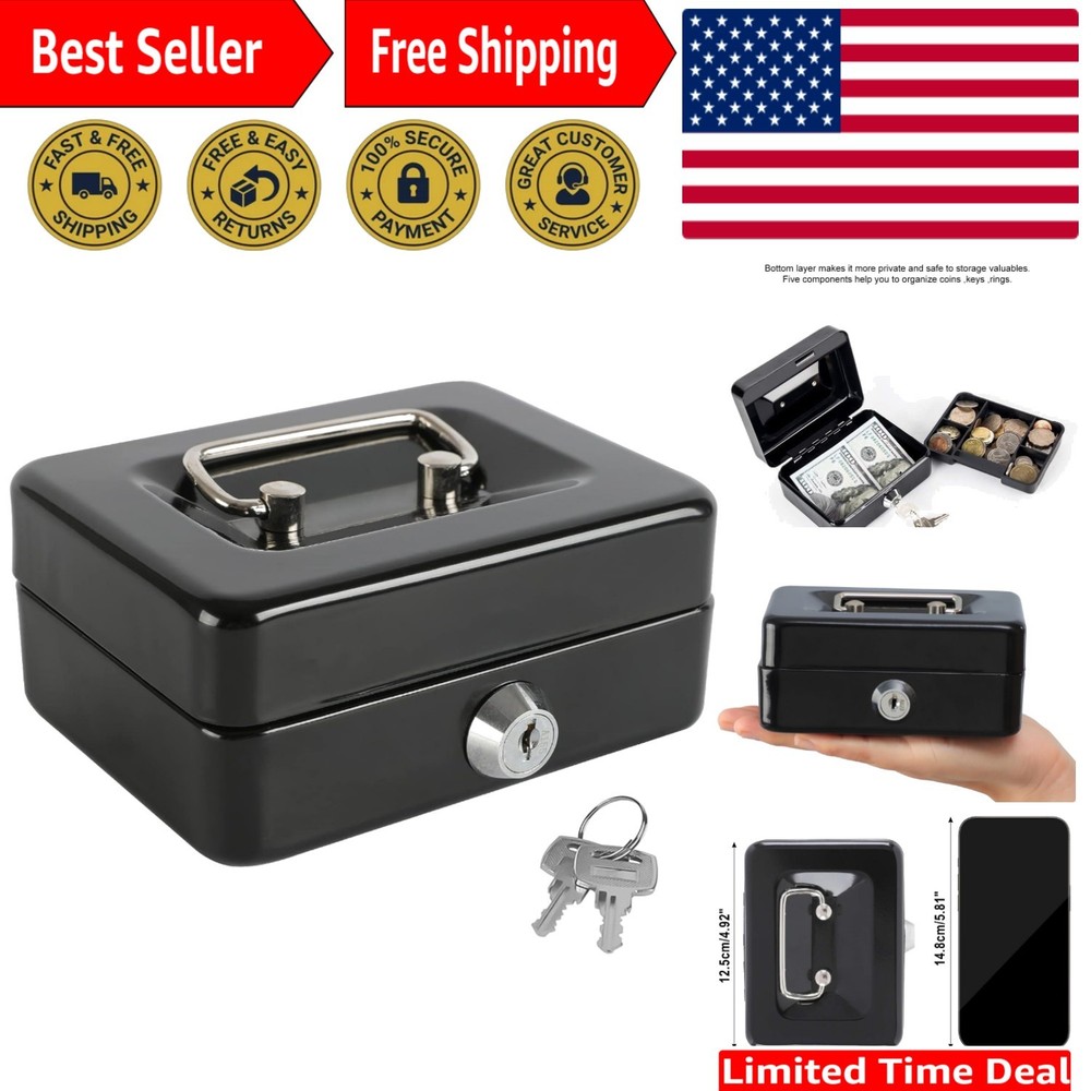 Chic Mini Cash Box for Kids: Secure Key Lock and Organized Coin Tray – Black