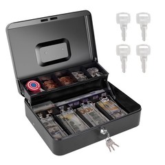 XL Black Cash Box, 11.8×9.45×3.54, Key Lock, 4 Keys, Money Tray, Metal